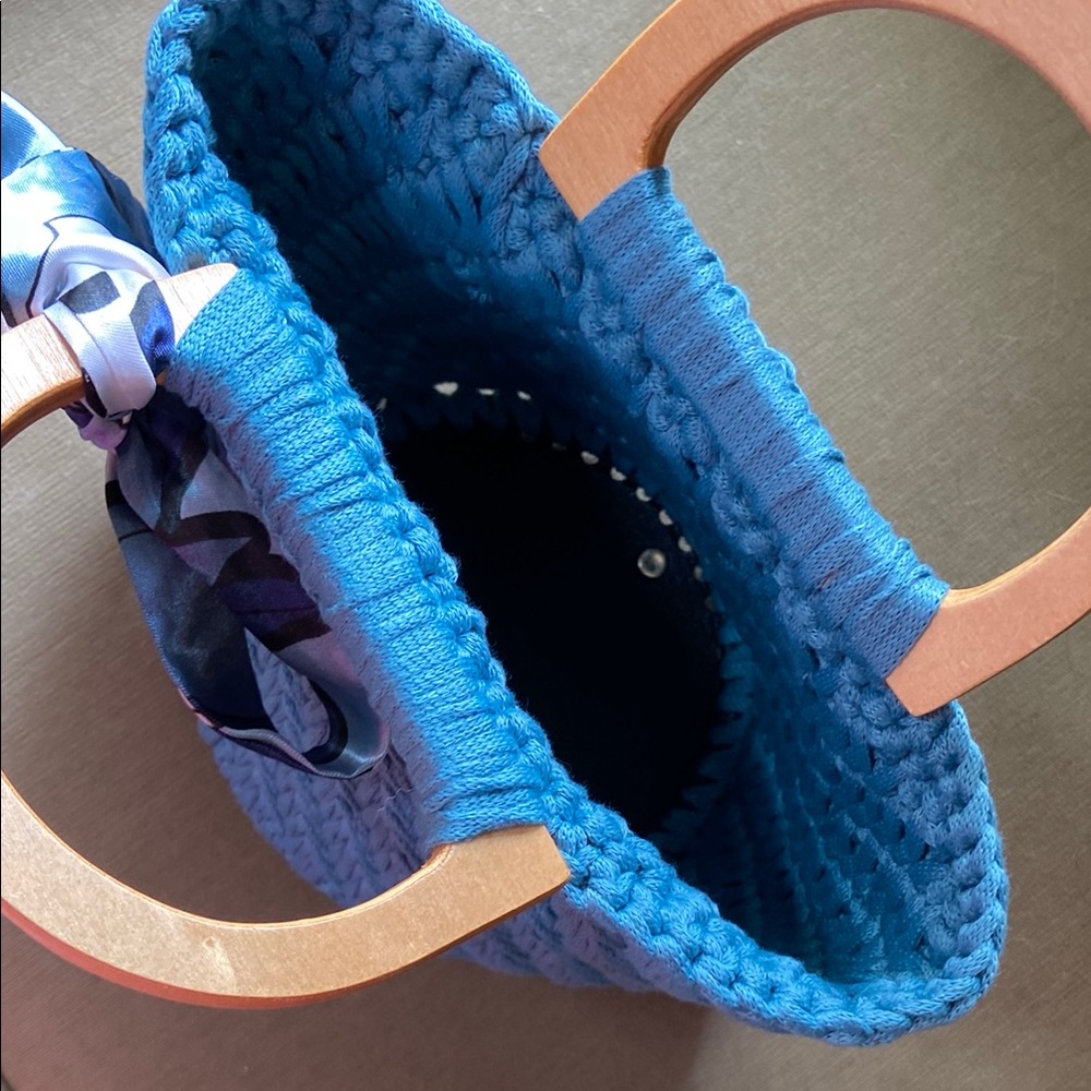 Blue Satchel with Wooden Handles and Textured Design - Picture 3 of 4